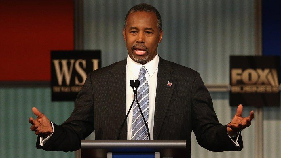 Ben Carson speaks at the Republican presidential debate in Wisconsin.