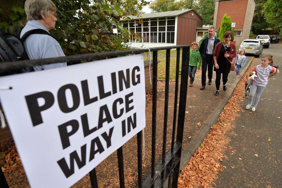 Voters at Broomhill Primary School polling station on September 18, 2014 in Glasgow, Scotland.