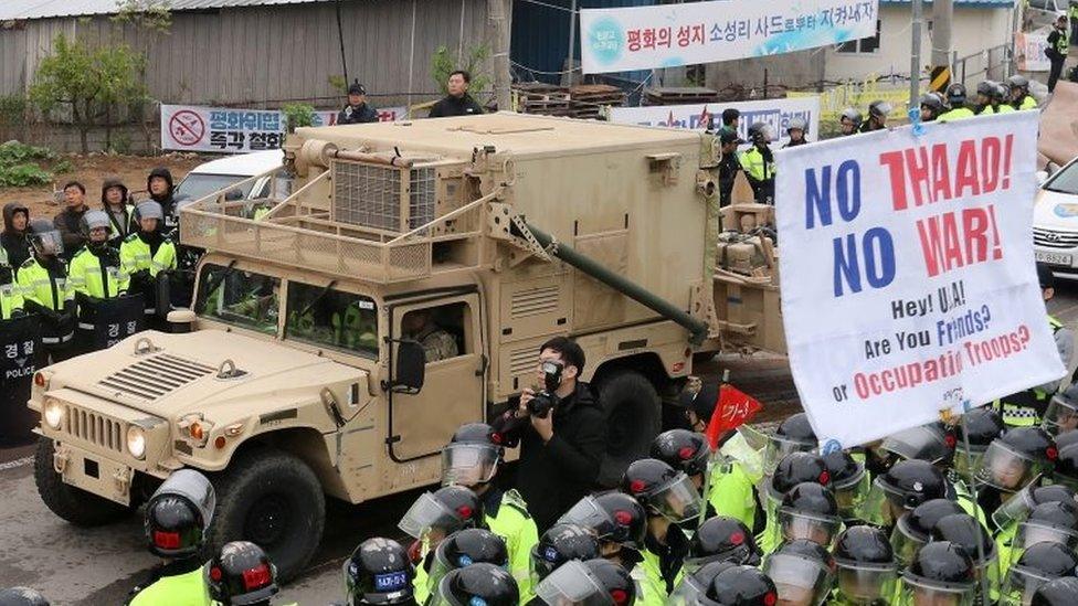 A US military vehicle which is a part of Terminal High Altitude Area Defense (THAAD) system arrives in Seongju, South Korea, 26 April 2017.