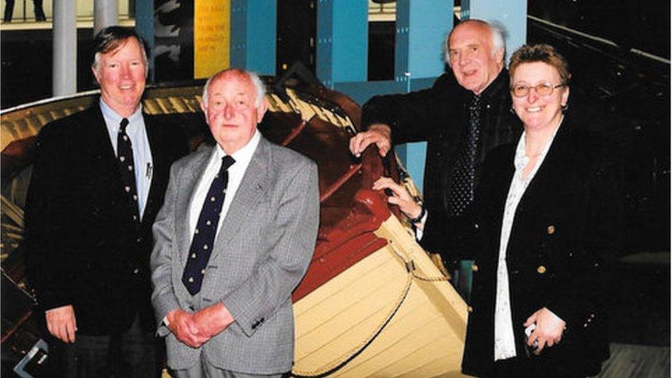 Sue (right) pictured with historians J Revell Carr and Anthony Smith and Ted Milburn, whose father died on the Anglo-Saxon