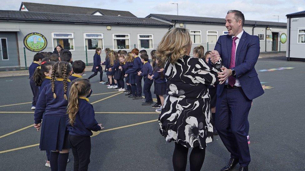 Paul Givan took part in a céilí during the visit