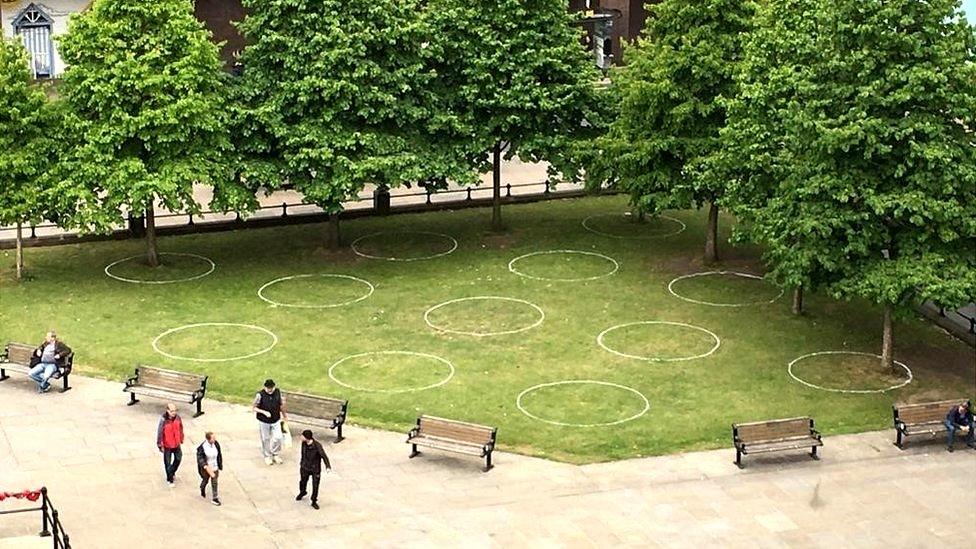 Social distancing circles in Old Eldon Square