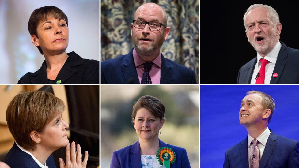Clockwise, from top left: Green leader Caroline Lucas; UKIP's Paul Nutall; Labour's Jeremy Corbyn; SNP's Nicola Sturgeon; Plaid Cymru's Leane Wood; Liberal Democrat's Tim Farron