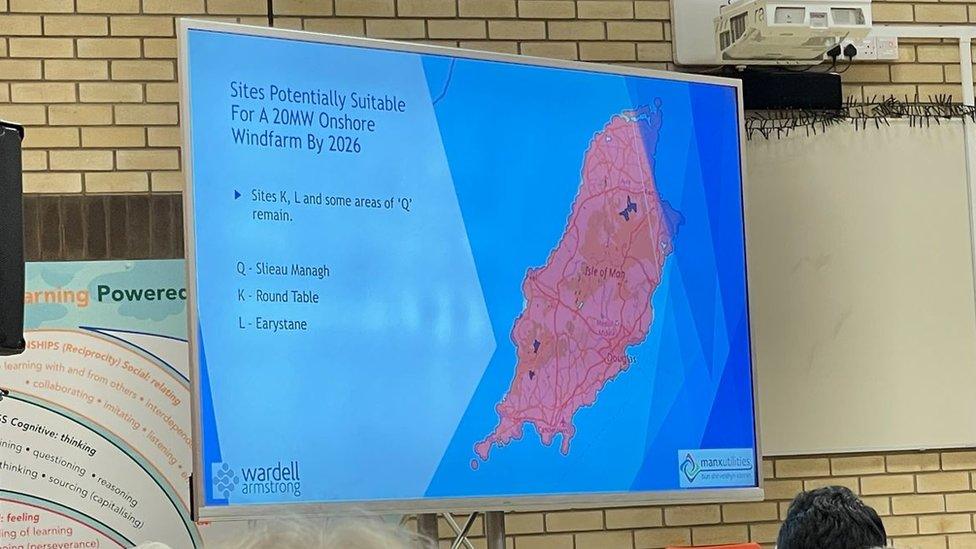 A slide from the presentation explaining why Earystane and Scard is the preferred site for an onshore wind farm