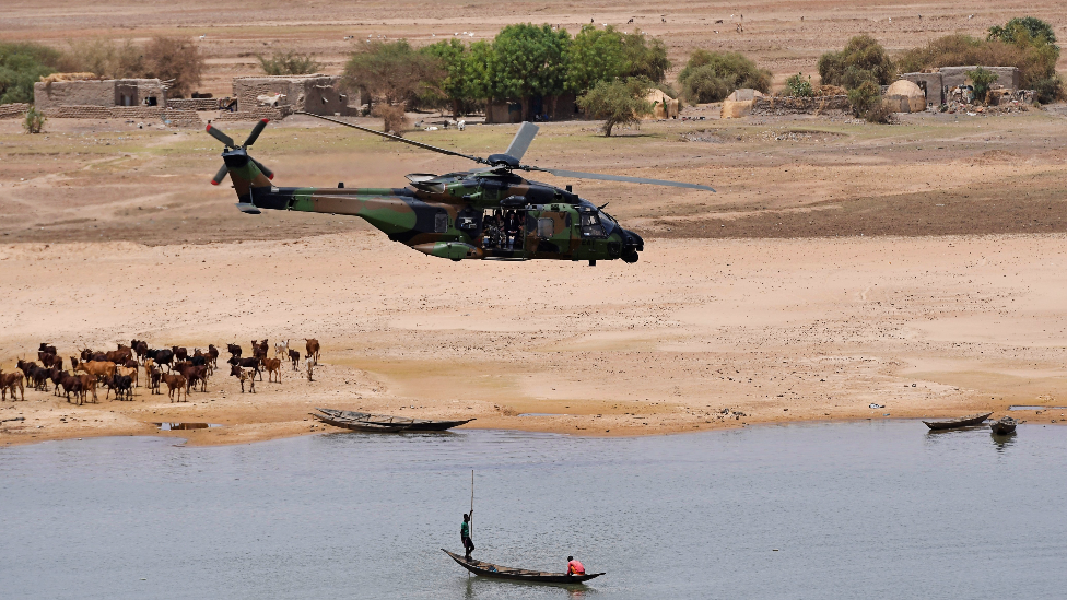 A French helicopter flying over Gao, Mali - 2017