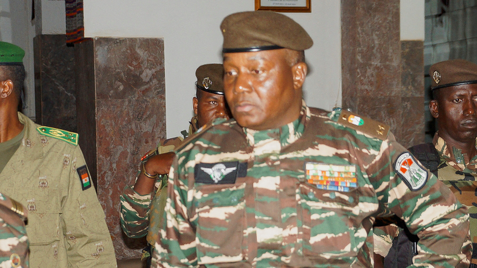 General Abdourahmane Tiani, who was declared as the new head of state of Niger by leaders of a coup, arrives to meet with ministers in Niamey, Niger 28 July 2023