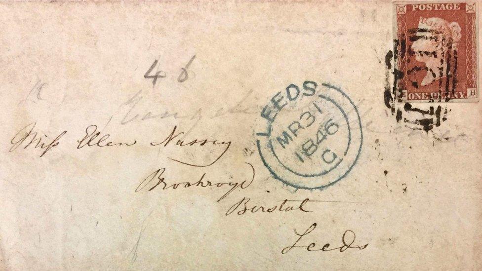 Envelope addressed to Ellen Nussey in Leeds by Charlotte Bronte