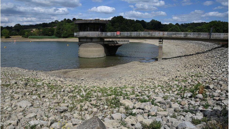 Reduced water levels are seen at Ardingly Reservoir,