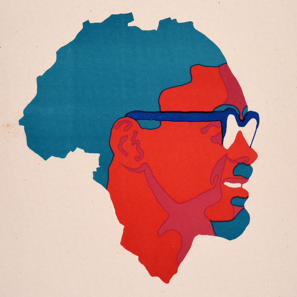 An Ospaaal poster, entitled Day of Solidarity with the Congo, 1972, showing the face of Patrice Lumumba over a map of Africa