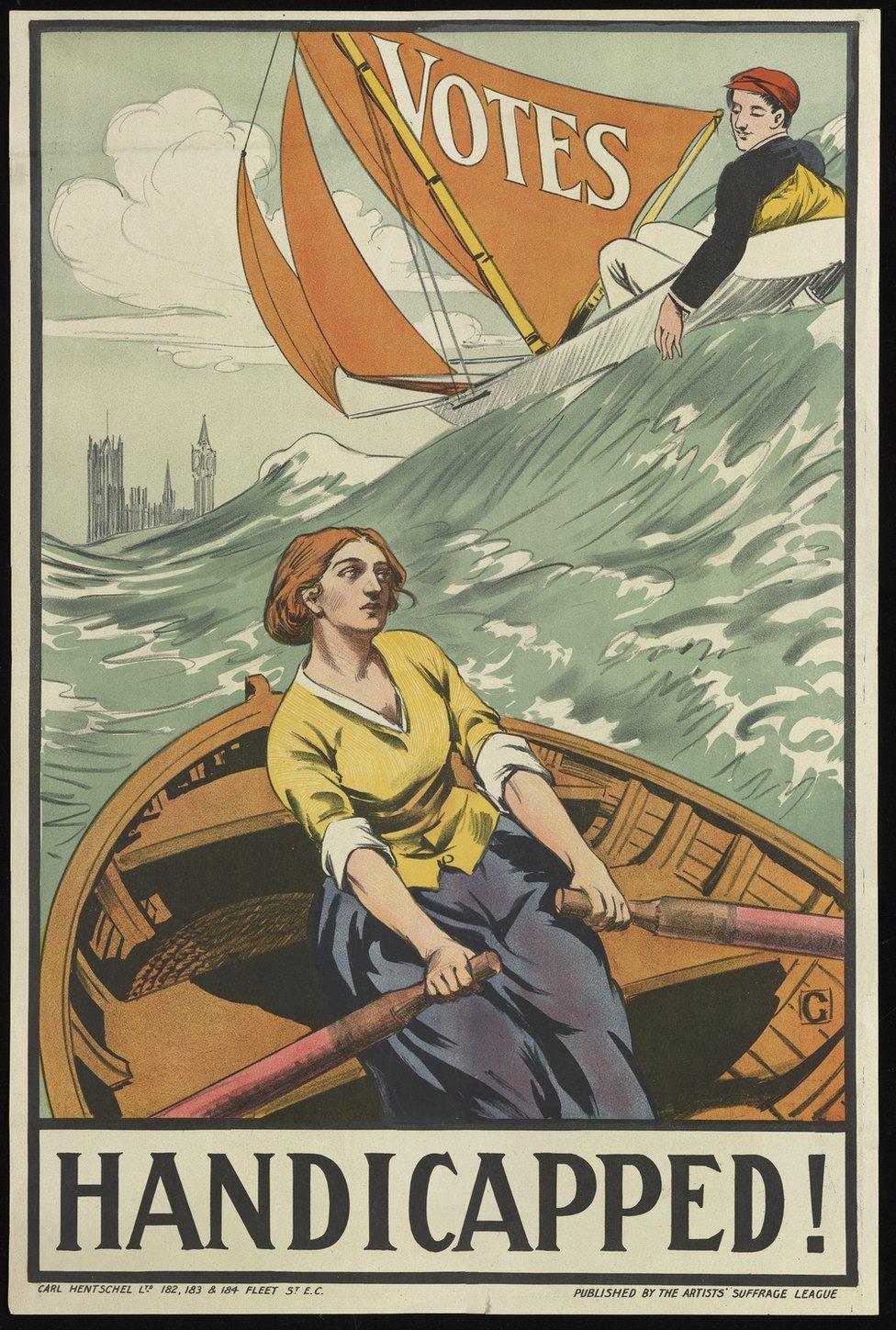 A woman struggles with the oars and high seas while a man cruises easily.