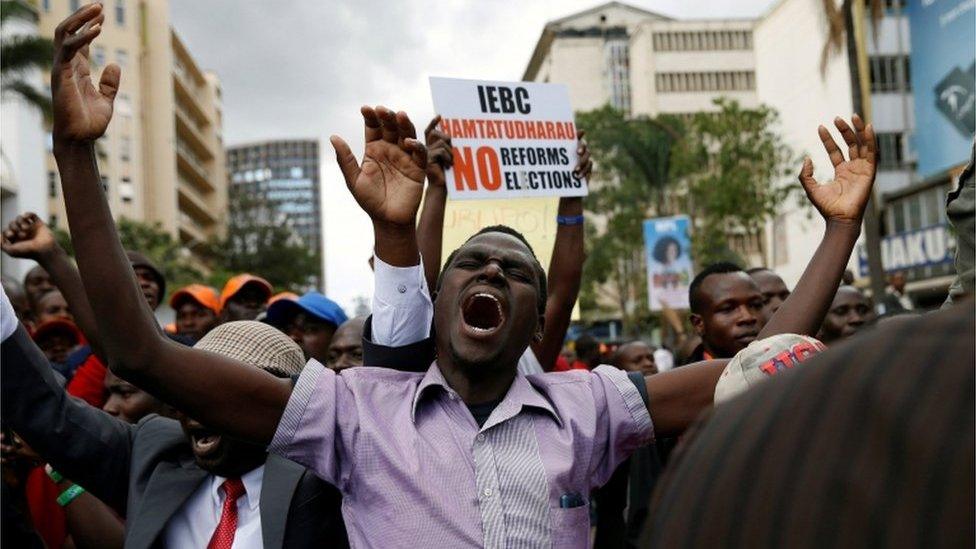 A supporter of the National Super Alliance (NASA) coalition reacts during a protest outside Kenya's Supreme Court in Nairobi, on 20 September, 2017.