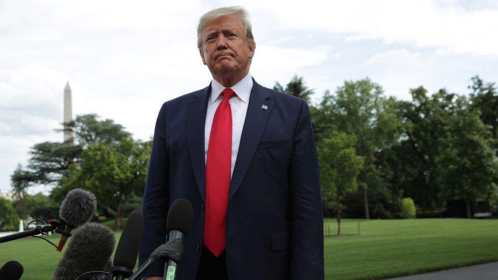 US President Donald Trump speaks to members of the media prior to a departure from the White House June 18, 2019 in Washington, DC