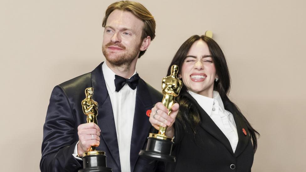 Finneas O'Connell (L) and Billie Eilish, winners of the Oscar for Best Original Song for 'What Was I Made For?' from 'Barbie,' hold up their Oscars in the press room during the 96th annual Academy Awards ceremony at the Dolby Theatre in the Hollywood neighborhood of Los Angeles, California, USA, 10 March 2024