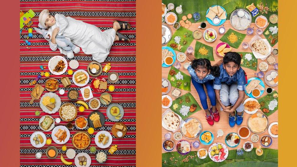 two photos of kids surrounded by food