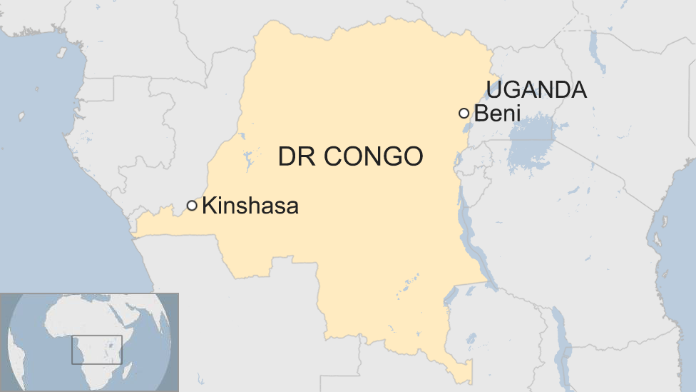 map of Democratic Republic of Congo, showing capital Kinshasa and location of affected town, Beni