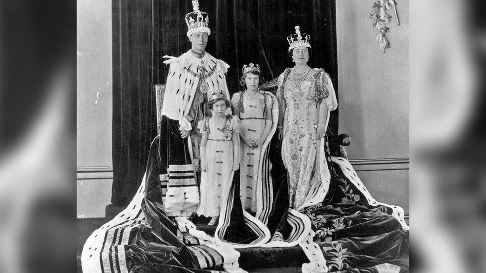 The newly crowned King George VI & Queen Elizabeth with Princesses Elizabeth & Margaret