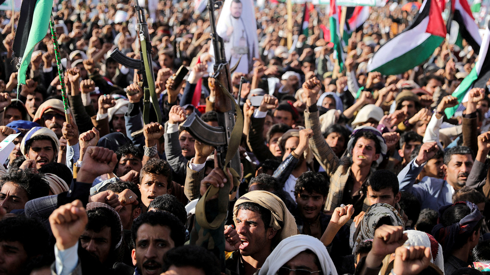 Supporters of the Houthi movement rally to denounce air strikes launched by the U.S. and Britain on Houthi targets, in Sanaa, Yemen January 12, 2024