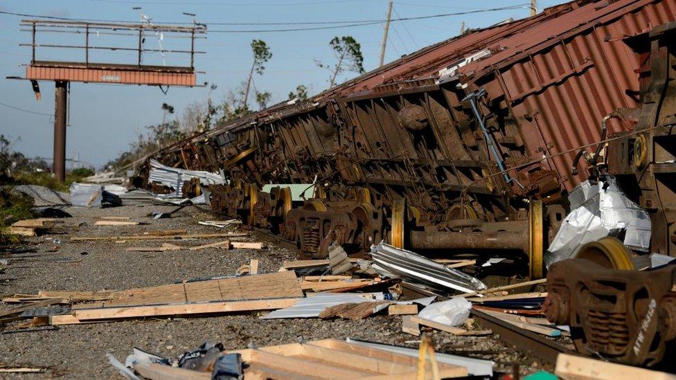 A train in Panama City, Florida was flipped onto its side