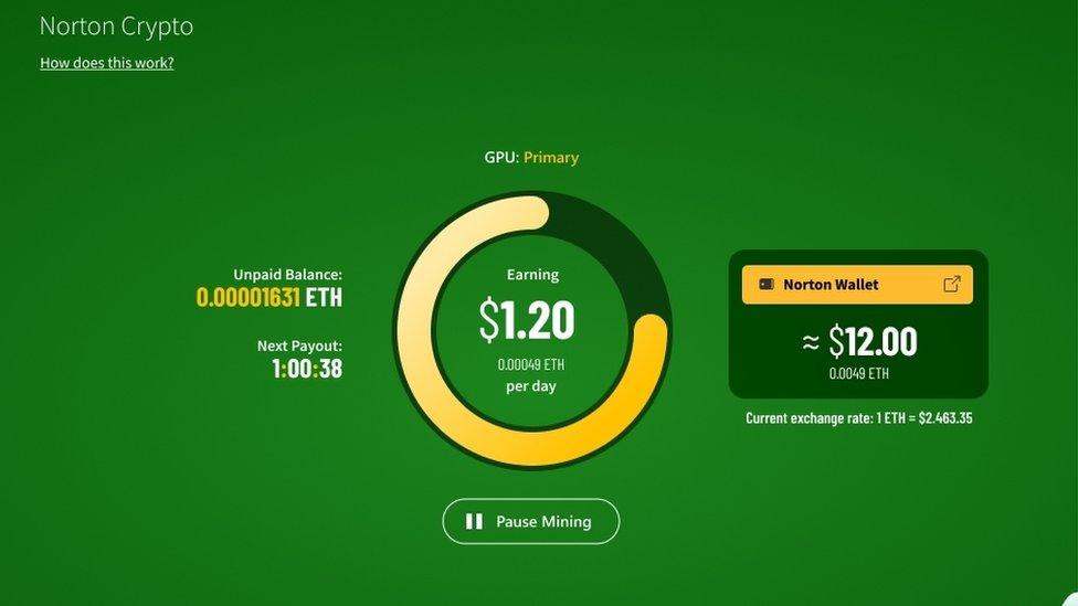 A screenshot of Norton Crypto showing earnings and unpaid Ethereum balance, along with the balance of a crypto wallet