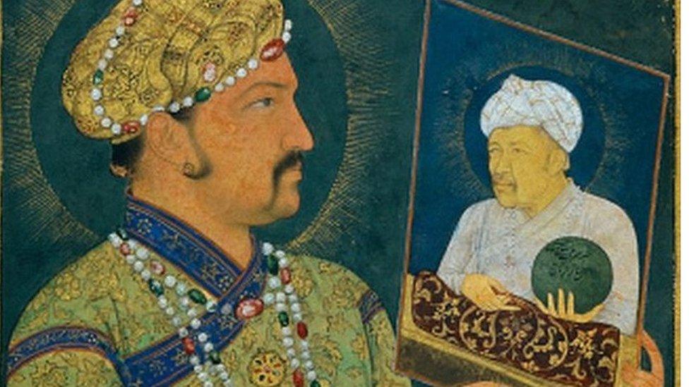 Portrait of Akbar (1542-1605) holding the portrait of his father. Paris, musee Guimet