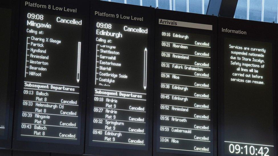 Information boards at Glasgow Queen Street showing all trains cancelled