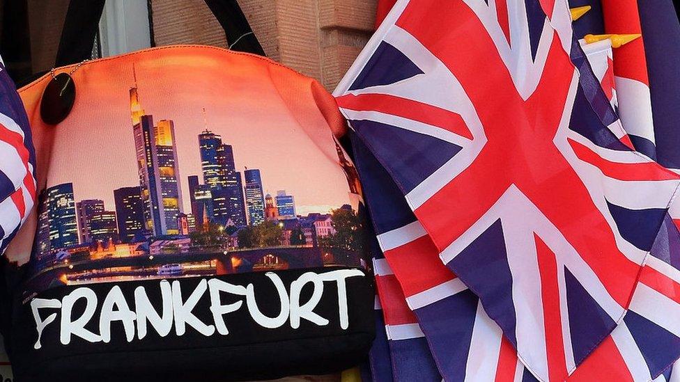 British flags and souvenir bags in a Frankfurt gift shop during the visit by Queen Elizabeth II and Prince Philip to the city on June 25, 2015