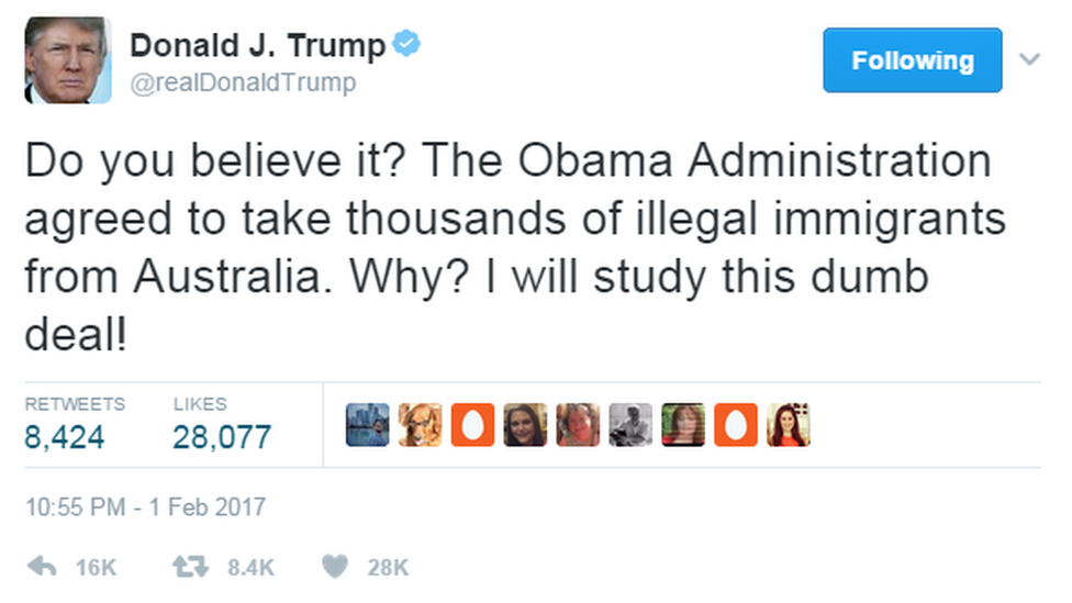 @realDonaldTrump tweets: "Do you believe it? The Obama Administration agreed to take thousands of illegal immigrants from Australia, Why?" I will study this dumb deal."