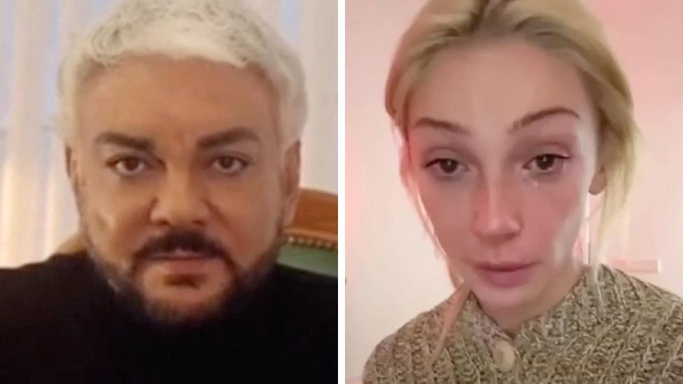 TV presenter Nastya Ivleeva (R) and singer Philipp Kirkorov were among the celebrities saying sorry for taking part in a nearly naked party