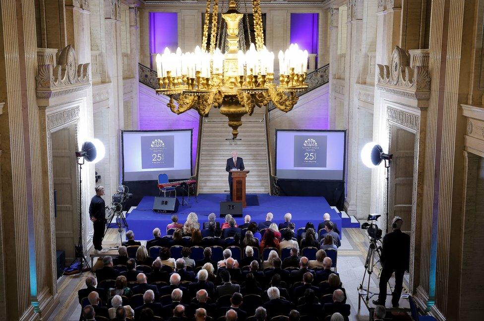 Bertie Ahern speaks to the crowd at an event at Stormont to mark the 25th anniversary of the Good Friday Agreement