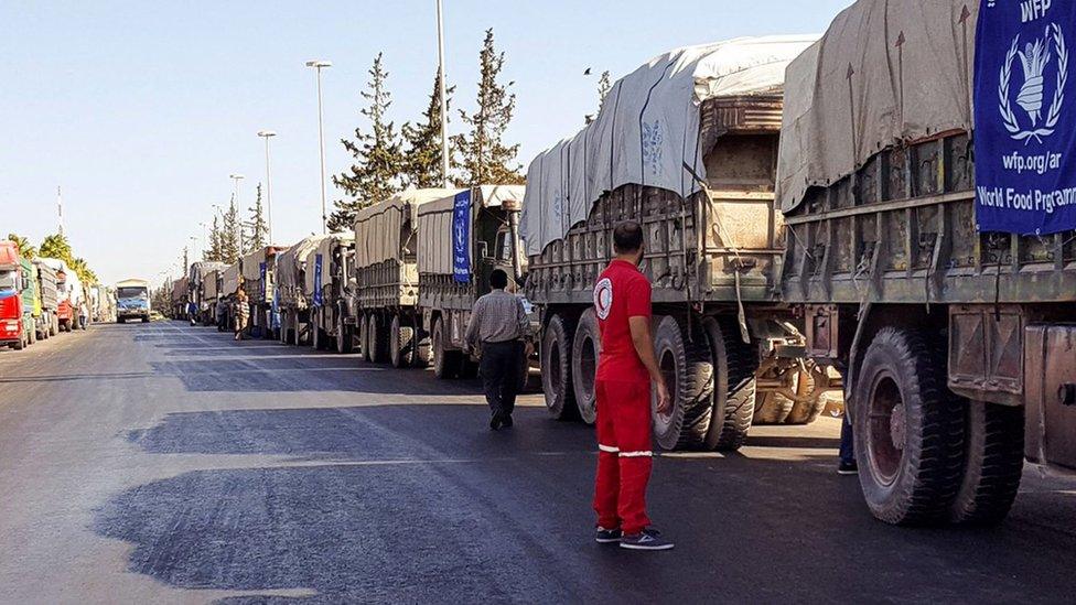 Convoy of 31 trucks preparing to set off to deliver aid to the western rural side of Aleppo, Syria, 19 September 2016