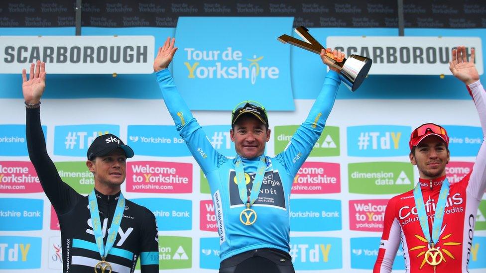 Overall winner Thomas Voeckler celebrates in Scarborough