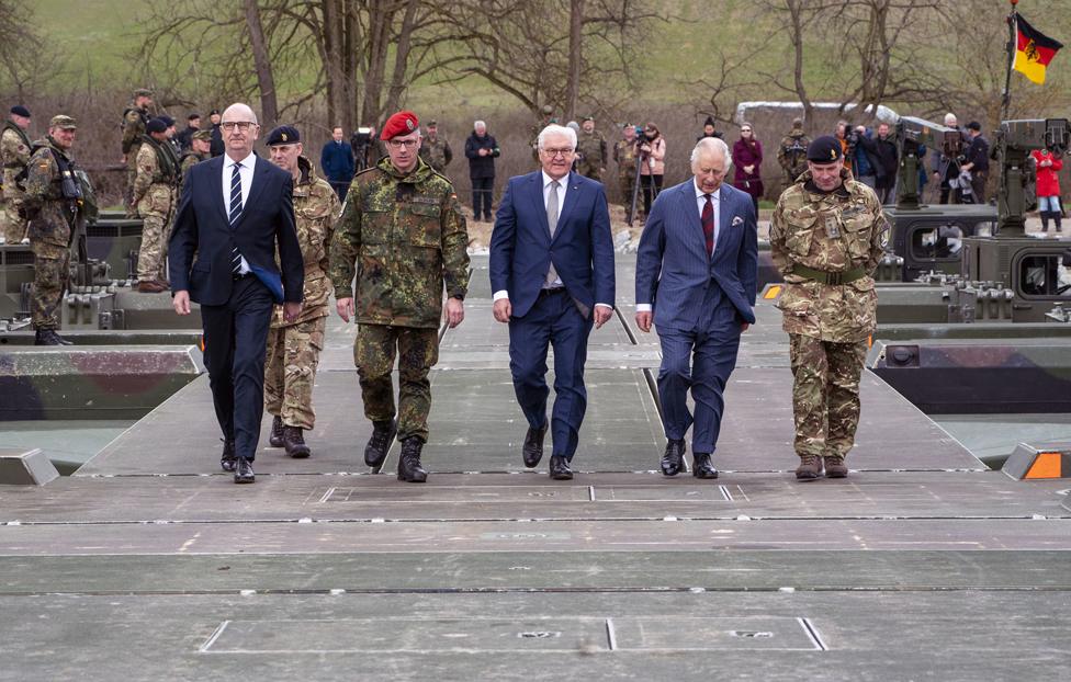 King Charles III (2nd from right) and German President Frank-Walter Steinmeier (3rd from right) during a visit to meet representatives from the German and British Amphibious Engineer Battalion unit at Finowfurt, Schorfheide, north of Berlin