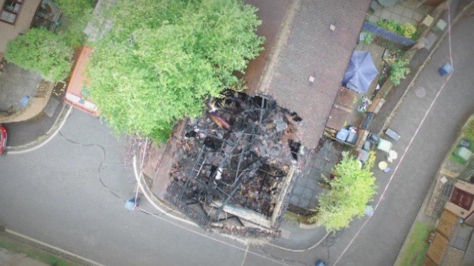 Ariel drone footage of house after fire in Princes Risborough.