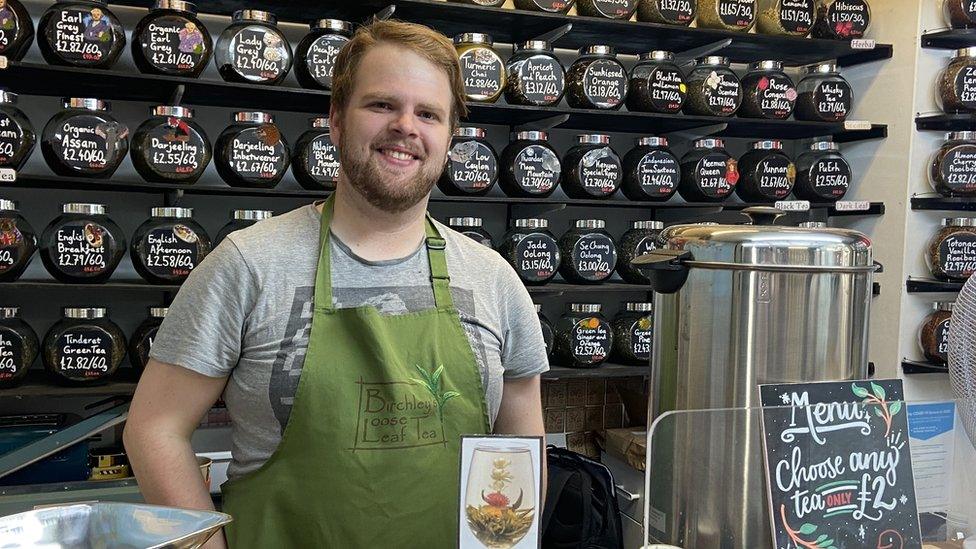 Sam Bircham, from Birchley's Loose Tea, on Norwich market