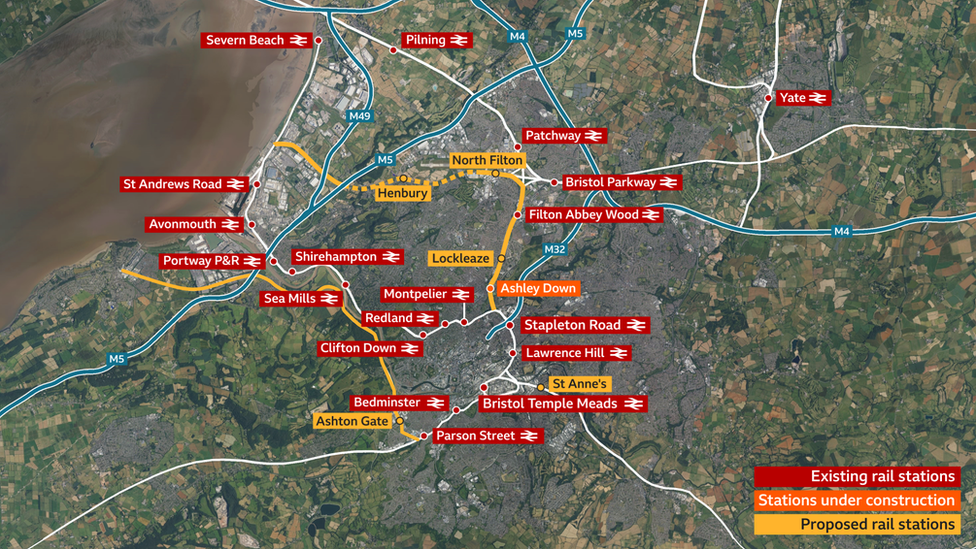 A map graphic showing where current and planned stations are in Bristol