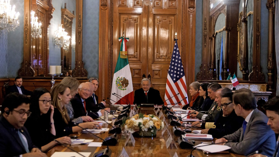 Mexican President Andres Manuel Lopez Obrador (C), US Secretary of State Antony Blinken (C-L), and Mexico's Secretary of Foreign Affairs Alicia Barcena (C-R) during a working meeting at the National Palace in Mexico City