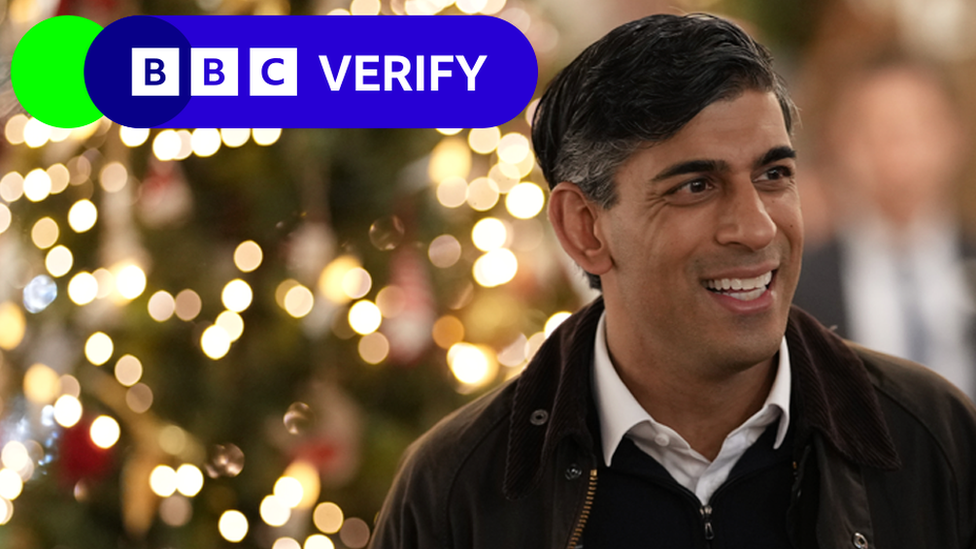 Rishi Sunak with a Christmas tree in the background
