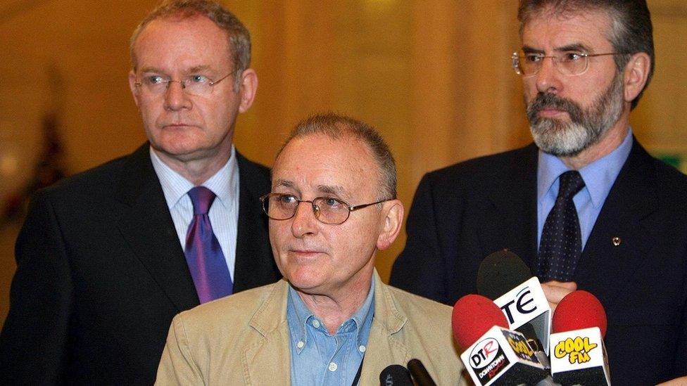 Denis Donaldson with Martin McGuinness and Gerry Adams