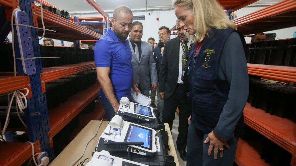 Members of the European Union's Election Observation Mission check on preparations for Iraq's parliamentary elections in Basra (7 October 2021)