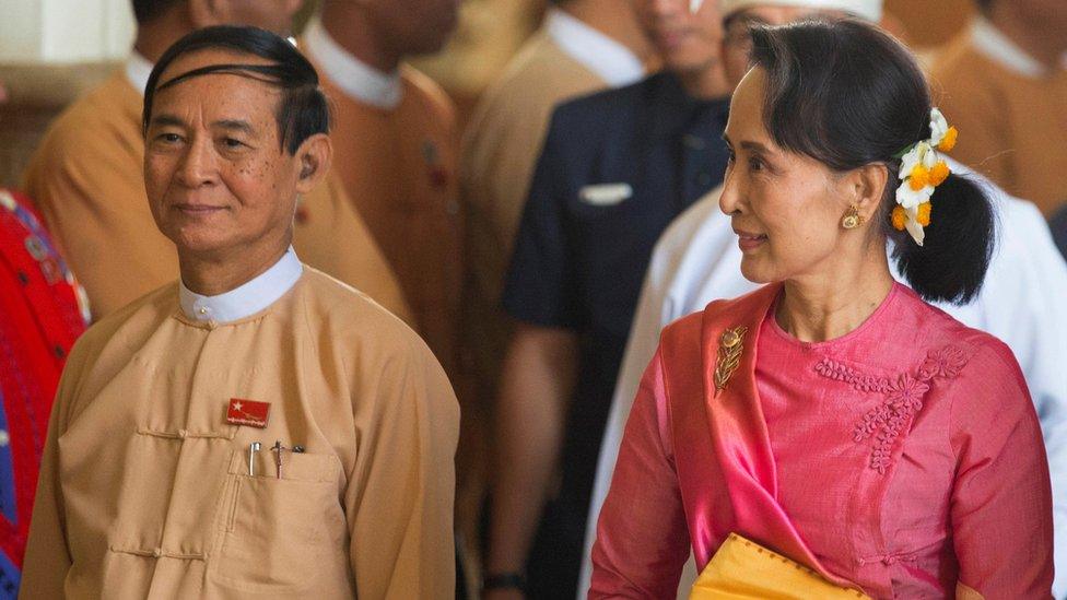 Myanmar"s State Counsellor Aung San Suu Kyi and Vice President Win Myint attend a parliament session to elect the country"s new president, in Naypyitaw