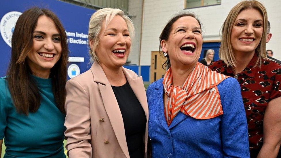 MAGHERAFELT, NORTHERN IRELAND - MAY 07: Sinn Féin northern leader Michelle O'Neill and Mary Lou McDonald, Sinn Féin leader are seen with candidates and activists at the declaration in Northern Ireland's Election at the Meadowbank count on May 07, 2022 in Magherafelt , United Kingdom. This election will elect 90 members to the Northern Ireland Assembly. It will be the seventh election since the Assembly was established in 1998. (Photo by Jeff J Mitchell/Getty Images)