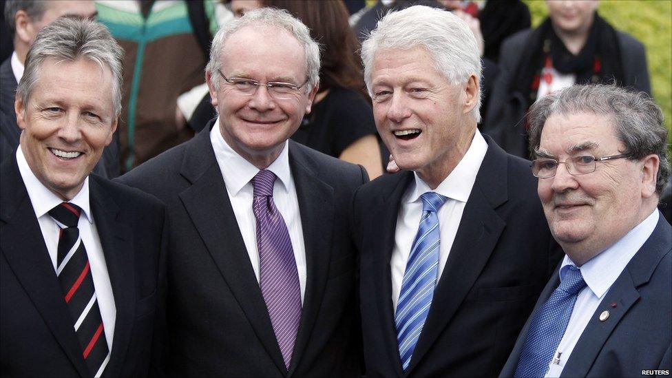 John Hume with from left, former first minister Peter Robinson, the late Martin McGuinness and former US president Bill Clinton