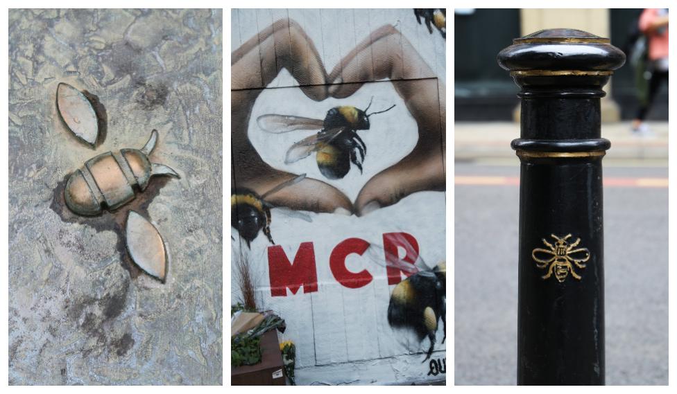 Manchester bees found on the fountain in Cathedral Gardens (left image), painted onto the side of a building in Northern Quarter (centre) and on a bollard on John Dalton street (right)