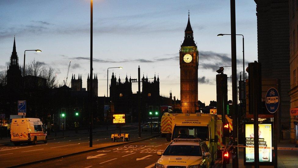 Emergency response workers continue to work following major incidents in Westminster Bridge area, London, 22 March 2017