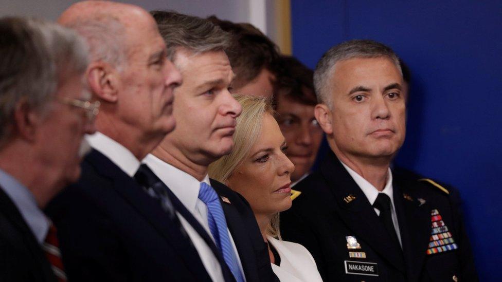 White House National Security Advisor John Bolton, US Director of National Intelligence Dan Coats, FBI Director Christopher Wray, Department of Homeland Security Secretary Kirstjen Nielsen and National Security Agency Director General Paul Nakasone at the White House in Washington, on 2 August 2018