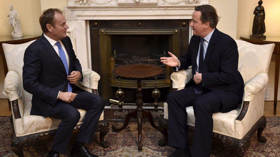 British Prime Minister David Cameron speaks with European Council President Donald Tusk at Downing Street in London on 31 January 2016.