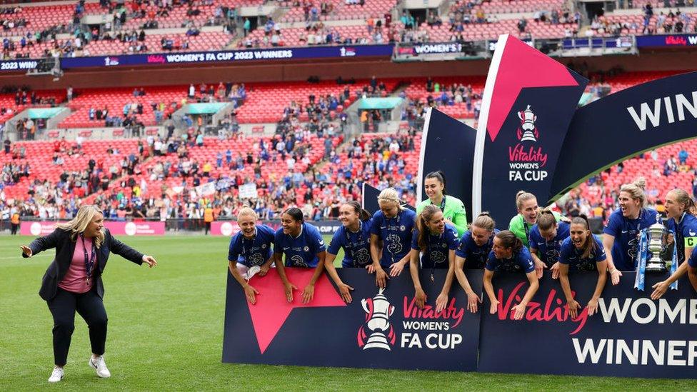 Emma Hayes with Chelsea after winning FA Cup earlier this year