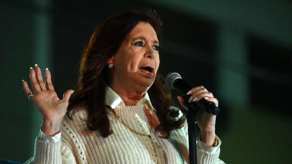 Argentina's Vice President Cristina Fernandez de Kirchner addresses supporters holding a demonstration close to her home in Buenos Aires on Saturday