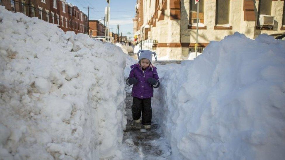 A girl walks through a narrow shovelled path in Philadelphia, Pennsylvania (24 January 2016)