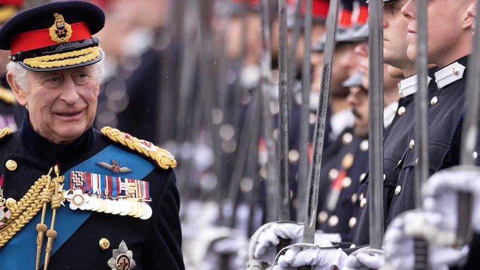 King Charles III at the 200th Sovereign's Parade at the Royal Military Academy Sandhurst